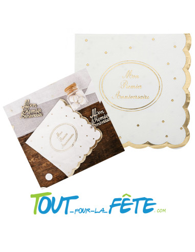 Lot de 16 serviettes Mon premier anniversaire Blanc et or