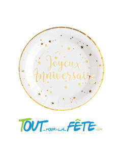 Lot de 10 assiettes Joyeux Anniversaire Blanc et Or