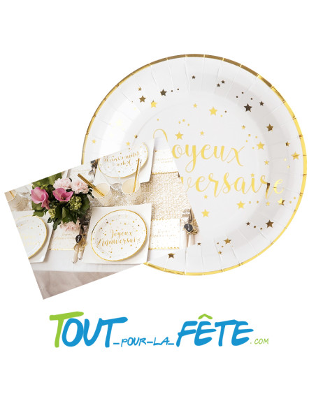 Lot de 10 assiettes Joyeux Anniversaire Blanc et Or