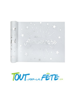 Chemin de Table Joyeux Anniversaire Blanc et Argent