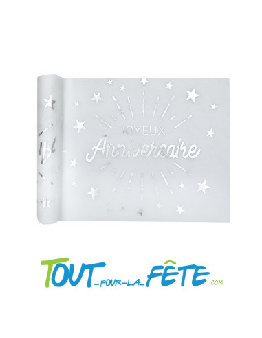 Chemin de Table Joyeux Anniversaire Blanc et Argent