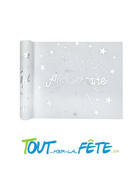 Chemin de Table Joyeux Anniversaire Blanc et Argent