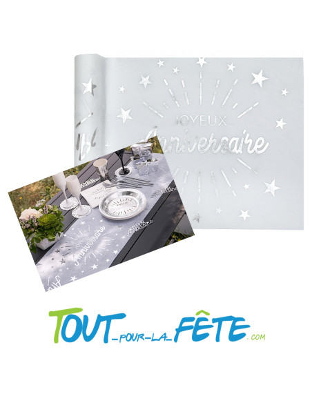 Chemin de Table Joyeux Anniversaire Blanc et Argent