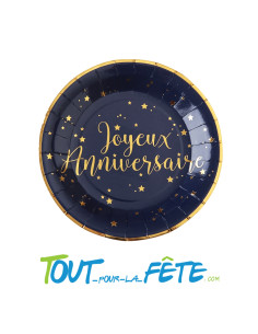 Lot de 10 assiettes Joyeux Anniversaire Bleu marine et Or