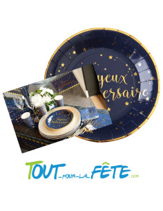 Lot de 10 assiettes Joyeux Anniversaire Bleu marine et Or 2