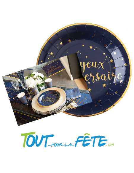 Lot de 10 assiettes Joyeux Anniversaire Bleu marine et Or