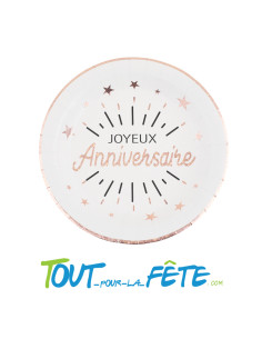 Lot de 10 assiettes Joyeux Anniversaire Blanc et Rose Gold