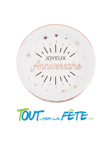Lot de 10 assiettes Joyeux Anniversaire Blanc et Rose Gold