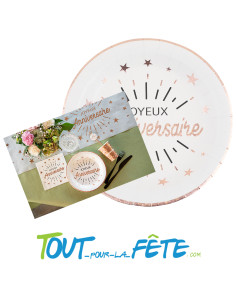 Lot de 10 assiettes Joyeux Anniversaire Blanc et Rose Gold 2