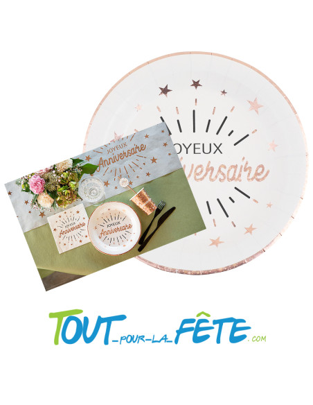 Lot de 10 assiettes Joyeux Anniversaire Blanc et Rose Gold