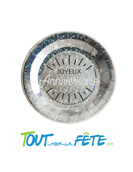 Lot de 10 assiettes Joyeux Anniversaire Argent et Blanc Etincelant
