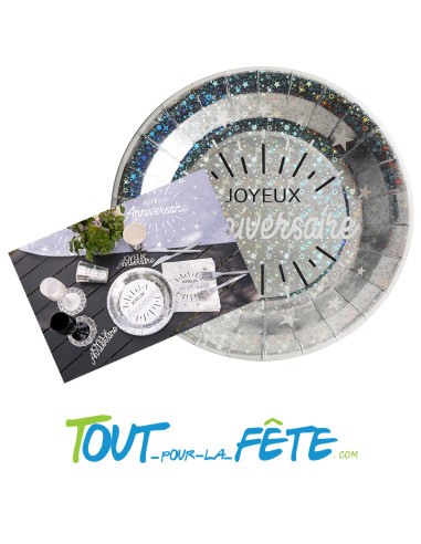 Lot de 10 assiettes Joyeux Anniversaire Argent et Blanc Etincelant