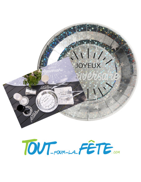 Lot de 10 assiettes Joyeux Anniversaire Argent et Blanc Etincelant