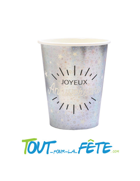 Lot de 10 gobelets Joyeux Anniversaire Argent étincelant
