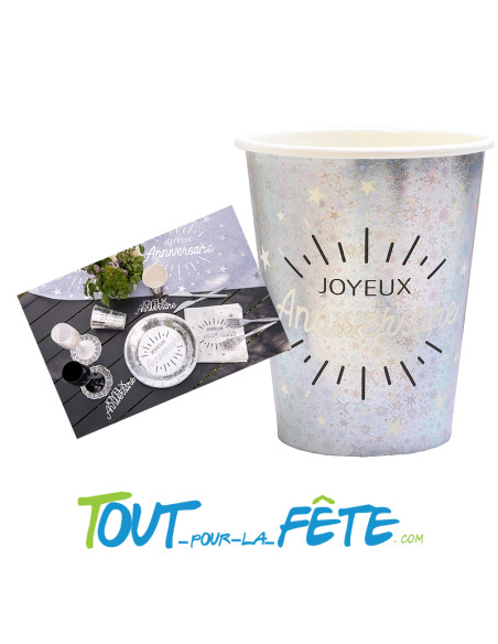 Lot de 10 gobelets Joyeux Anniversaire Argent étincelant