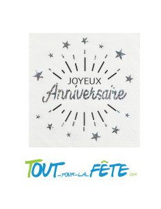 Lot de 10 serviettes Joyeux Anniversaire Blanc et Argent Etincelant