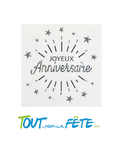 Lot de 10 serviettes Joyeux Anniversaire Blanc et Argent Etincelant