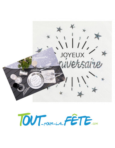 Lot de 10 serviettes Joyeux Anniversaire Blanc et Argent Etincelant