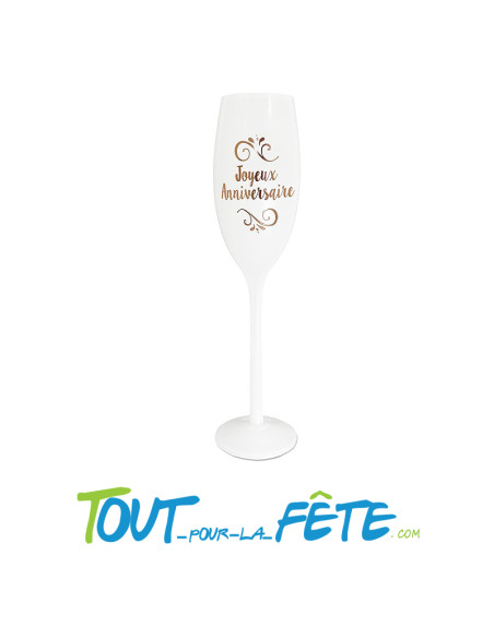Flute de champagne joyeux anniversaire blanc et rose gold