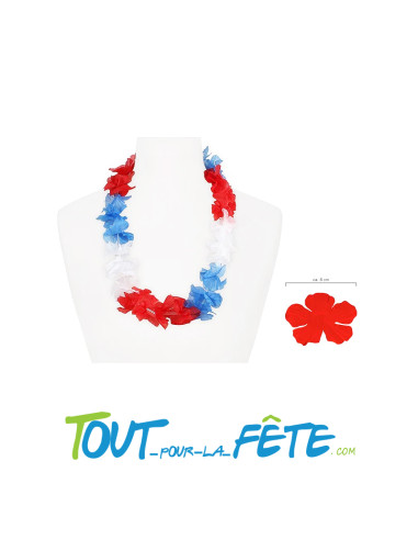 Collier de fleur Hawaïen / Tahiti bleu blanc rouge
