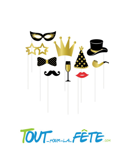 Kit de 10 accessoires photobooth noir et or
