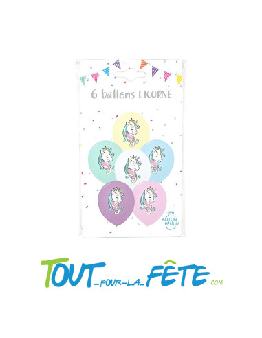 Sachet de 6 ballons en latex pastel avec motifs licorne