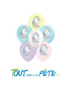 Sachet de 6 ballons en latex pastel avec motifs licorne