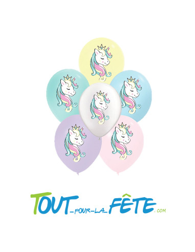 Sachet de 6 ballons en latex pastel avec motifs licorne
