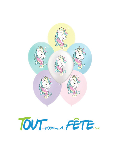Sachet de 6 ballons en latex pastel avec motifs licorne