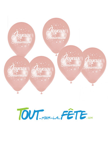 6 ballons latex métallisés joyeux anniversaire rose gold