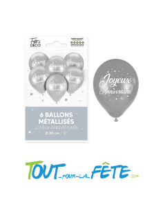 Sachet de 6 ballons latex métallisés joyeux anniversaire...