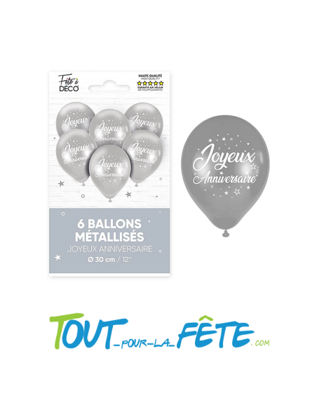 Sachet de 6 ballons latex métallisés joyeux anniversaire ARGENT