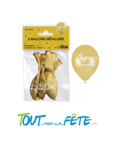 Sachet de 6 ballons latex métallisés joyeux anniversaire OR
