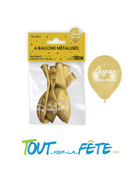 Sachet de 6 ballons latex métallisés joyeux anniversaire OR