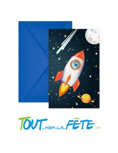 6 cartons d'invitation anniversaire espace + enveloppe