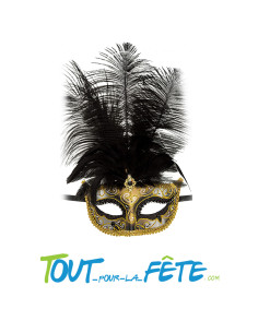 masque / loup noir et doré avec plumes d'autruche