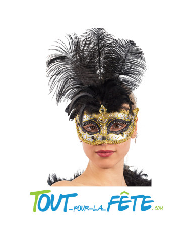 masque / loup noir et doré avec plumes d'autruche