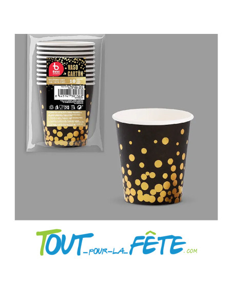 Lot de 10 gobelets or brillant et noir en carton 20 cl