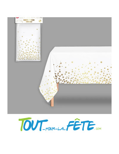 Nappe blanche à pois or en polyethylene 1.80m x 1.2m