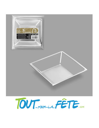 Lot de 5 assiettes carrés en plastique 18 cm argent