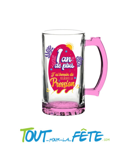 Chope à bière anniversaire rose 1 an de plus