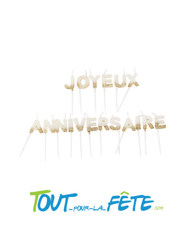 Bougies lettres joyeux anniversaire blanches paillettes or sur pic