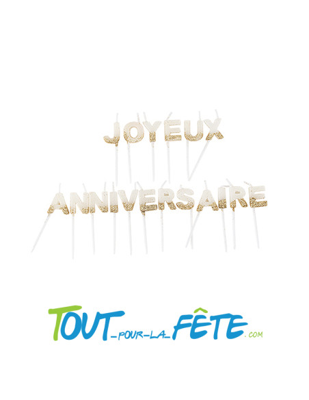 Bougies lettres joyeux anniversaire blanches paillettes or sur pic