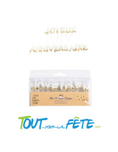 Bougies lettres joyeux anniversaire blanches paillettes or sur pic