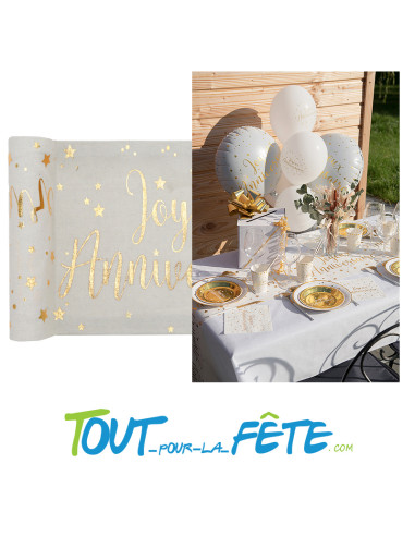 Chemin de Table Joyeux Anniversaire Blanc et Or 4 mètres