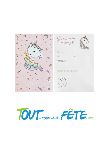 Lot de 6 cartons d'invitation licorne