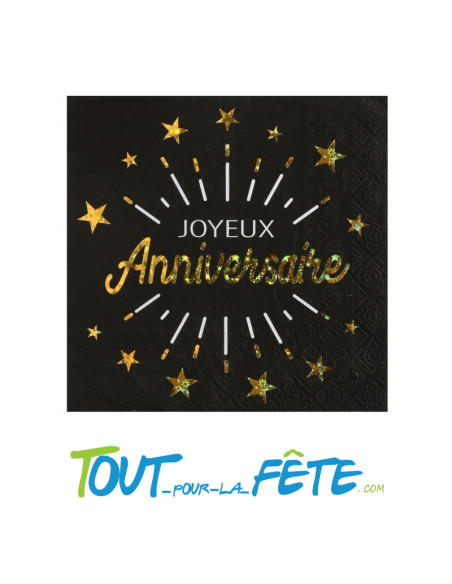 Lot de 10 serviettes Joyeux Anniversaire Noir et Or Etincelant