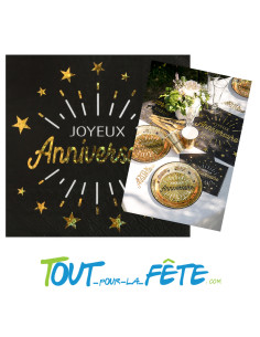 Lot de 10 serviettes Joyeux Anniversaire Noir et Or Etincelant 2