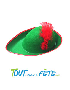 Chapeau robin des bois vert avec plume rouge