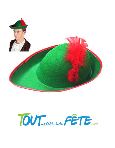 Chapeau robin des bois vert avec plume rouge